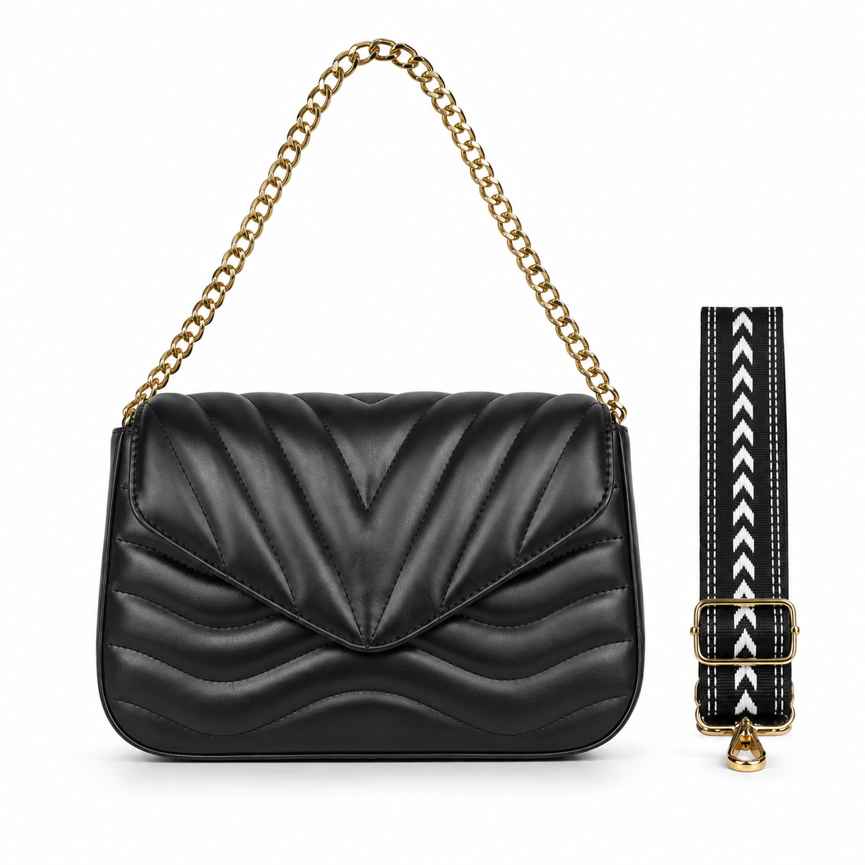 Black quilted leather shoulder bag with a gold-tone chain strap and a detachable black-and-white patterned shoulder strap shown beside it on a white background.