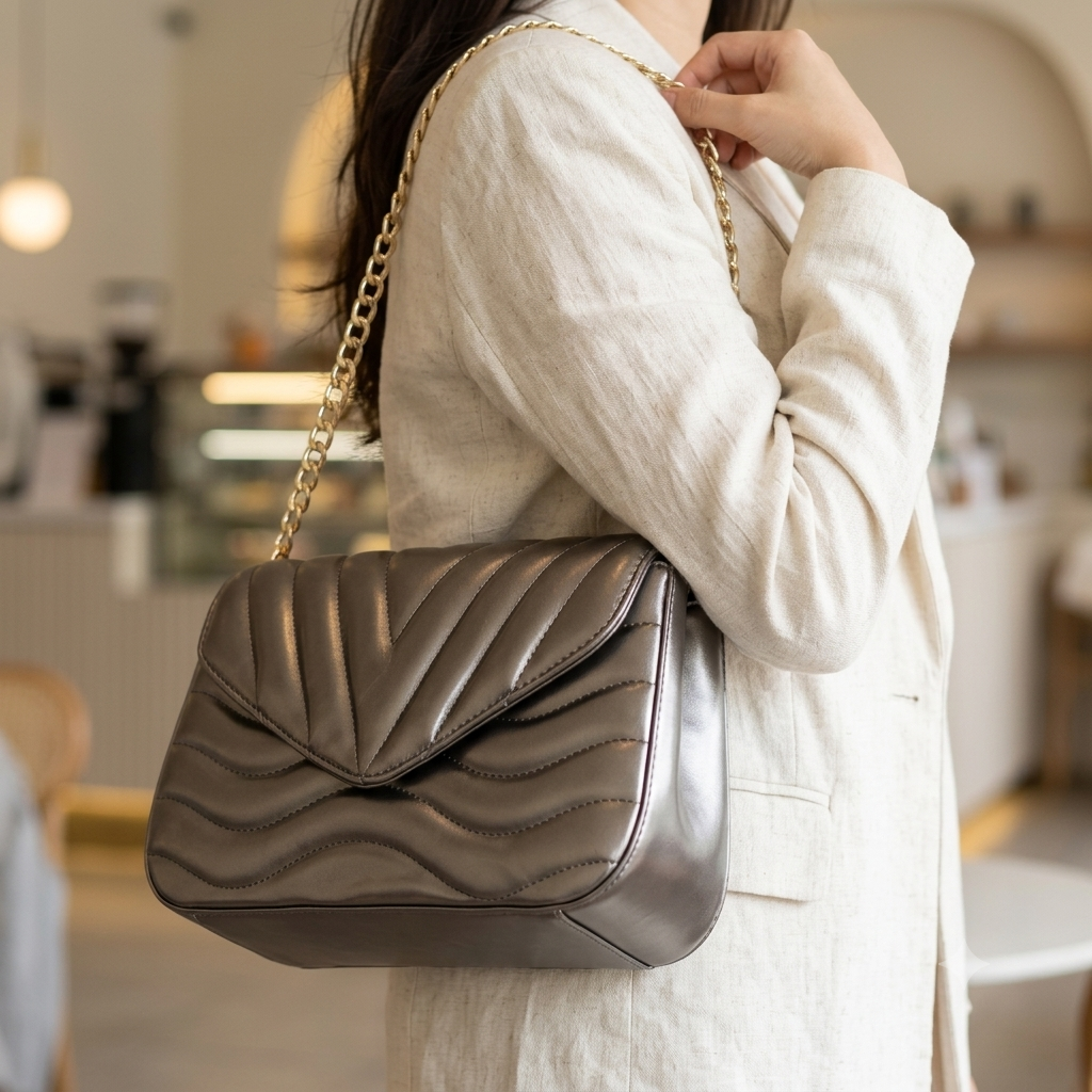 A woman wearing a cream-colored linen jacket carries a taupe-brown quilted leather shoulder bag with a gold chain strap in a softly lit indoor setting.